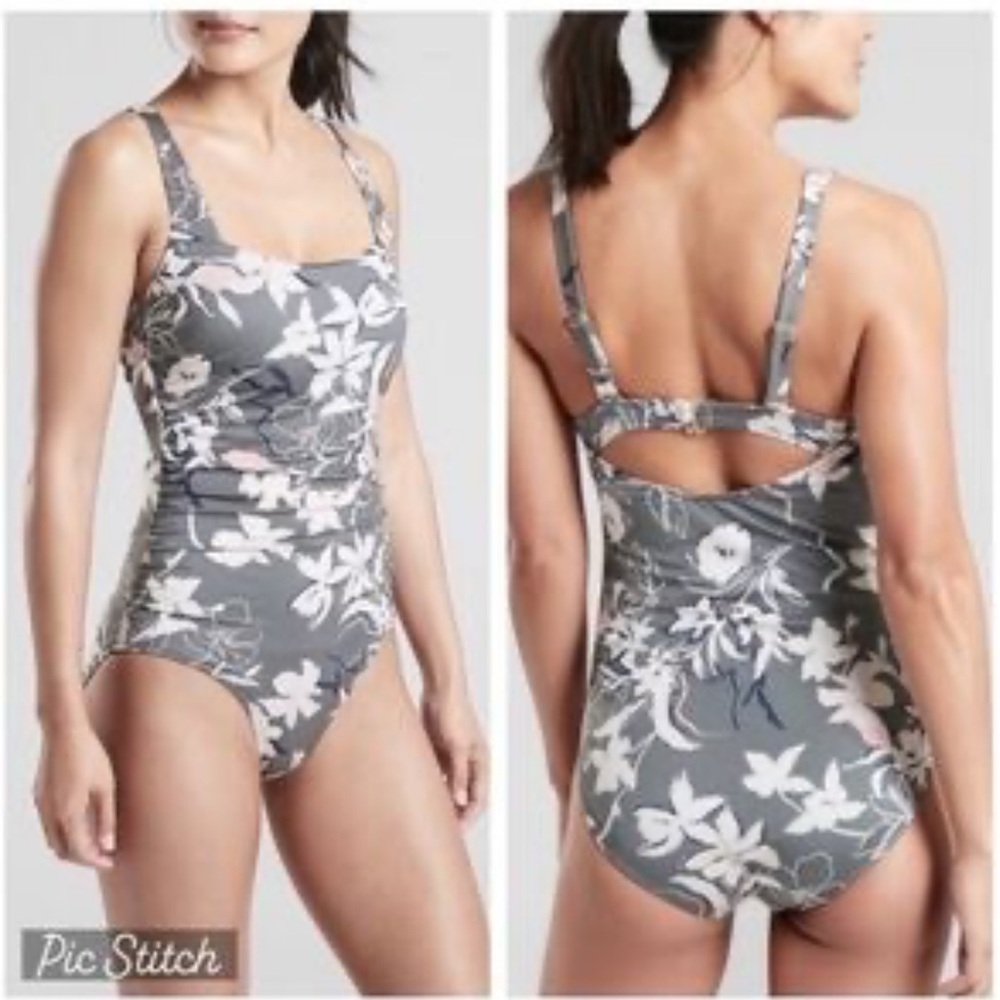 Athleta Charcoal Floral One-Piece Swimsuit